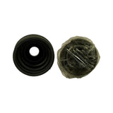 Top-down view of boot (left, showing small-diameter drive shaft bore) and CV joint assembly base (right, still plastic-wrapped, showing greased underside and steel clamp wire).
