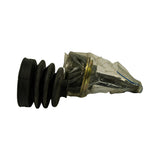 Side profile showing rubber boot mated to the CV joint housing. Boot bellows and joint body clearly visible in profile; gold-coloured outer race ring visible at the joint shoulder. Joint still in original plastic wrap with blue seal.