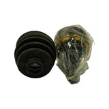 Angled view of boot face-on (showing small-diameter inner bore) beside wrapped CV joint body viewed from the joint flange side, showing the outer race ring and portion of wrapped body.