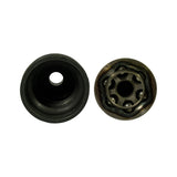 Top-down view of two components: large outer rubber boot (black, 3-lobe, viewed from wide open end) at left, and outer CV joint body (Rzeppa design, 6-ball cage visible inside housing) at right, showing internal ball-race and inner splined hub clearly.