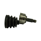 Side profile of assembled outer CV joint with inner boot fitted: splined stub shaft with threaded tip at right, spherical Rzeppa joint housing (bright machined steel) at centre, black rubber inner boot at left. Boot fully seated and secured by clamp visible at joint neck.