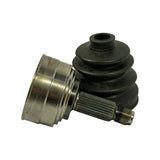 Angled view of outer CV joint and outer boot assembled together: large-diameter housing at left, splined shaft extending right with threaded tip and split-pin hole, outer boot (black, 3-lobe) clamped to joint neck. Surface shows light oxidation consistent with long-term shelf storage.