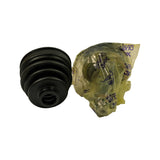 Face-on view of CV boot (left) showing four-bellows profile and small-end bore; CV joint body in bag (right) showing outer cage housing visible through bag.