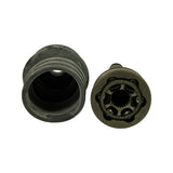 End-on view showing the outer boot opening (left) and CV joint face (right) with six-ball Rzeppa-style race, cage, and inner splined hub clearly visible. Confirms 6-ball CV joint construction.