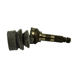Side profile of assembled unit with outer boot fitted over the CV joint housing, splined stub shaft and M24 threaded tip pointing right. Text 'MADE IN JAPAN' faintly embossed on joint housing flange. Boot shows age-related surface bloom.