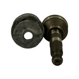 Top-down view of outer boot (laid flat, showing inner bore) and CV joint assembly from above, with splined shaft end and threaded tip visible at lower right. Spline count clearly visible on shaft.