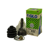 Three-quarter view of kit contents alongside standing GLO box showing front and side panels. GLO logo and 'Quality Management System certified' text visible on side panel. Part number label and fitment data clearly legible on front.