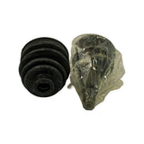Elevated angle showing boot (left) with visible mould markings on the outer bellows surface, and the grease-wrapped CV joint body (right) showing the splined bore end and ball cage through the plastic wrap.