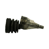 Side profile of the assembled joint showing boot fitted over the joint housing. Bellows boot (4 convolutions) sits on the wide end of the conical joint housing; threaded stub shaft protrudes from the narrow end. Clear plastic wrapping still on the joint. Good used-stock clarity of rubber condition.