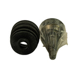 Three-quarter view of the two main components separated: boot standing upright on left showing bore and base flange; joint housing with plastic wrap on right, revealing the internally splined race and stub shaft tip. Grease visible inside housing through wrap.