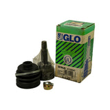 Three-quarter view of opened box with contents in front: CV joint in wrap standing upright, boot with clamp beside it, nut in foreground. Box face shows GLO branding, 3145K part number, ISO9001 seal, and fitment label. Barcode and reference code 016-MA323 visible on box side.