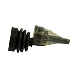 Lateral profile of assembled boot slid onto CV joint shank with plastic wrap still in place, showing bellow folds, inner collar, and threaded stub shaft tip. GLO branding faintly visible through wrap on joint body.