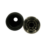 End-on view of CV joint housing face showing six-ball Rzeppa-type race and inner splined bore, alongside rubber boot showing large opening.