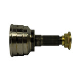 Side profile of CV joint: polished steel housing with machined grooves, splined stub shaft, and brass-finished castle nut fitted to shaft end.