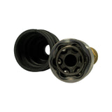 Second end-on view of CV joint race showing six-ball cage and inner splined socket, with rubber boot alongside and castle nut visible at stub shaft end.