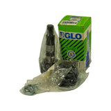 Full kit laid out in front of box — GLO-branded green and white box visible in background with part number 3054K on label. Both poly-bagged components shown: CV joint shaft unit (right) and boot with hardware (left). Box top sticker shows retailer barcode and TRN-00760 SKU label.