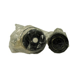 End-on view of the two bagged components: left shows face of the CV boot rubber gaiter with a central hole visible; right shows the splined stub end of the CV joint shaft with knurled/threaded tip, confirming outer CV joint design.