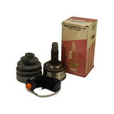 CV joint and both boots displayed in front of original Urawa Industry Co., Ltd. box — cream and red printed carton with 'CONSTANT VELOCITY JOINT' text, URW logo, and gold label on box face showing part number MS81710.