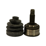 Side-by-side view of large outer rubber CV boot (four-bellow conical profile, showing age-related surface crazing) and the bare CV joint housing with splined shaft — front/side angle.