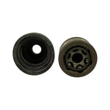Top-down view of both components: boot from above showing wide inner bore, and CV joint from inboard face revealing six ball bearings in cage and internal spline profile.
