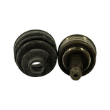 Opposite-end view: boot from small-end showing inner bore collar, and CV joint from outboard face showing splined stub shaft, threaded retaining nut end, and machined housing ring.