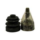 Side-by-side view of rubber boot alone (left) and plastic-wrapped outer CV joint alone (right); boot shows three-lobed accordion form; joint shows ball-and-cage assembly visible through clear plastic, threaded stub axle at top.
