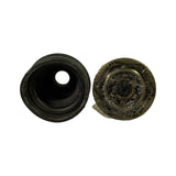 Top-down view of boot interior (left, showing inner bore and lip seal) and CV joint face-on (right, still in clear plastic wrap, ball cage visible from below).