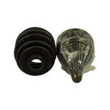 Overhead view of boot and CV joint laid flat; boot shows three bellows ribs; joint face-down showing splined inner bore through wrap; grease pre-packed inside wrap visible.