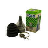 Full kit displayed beside original green-and-black striped GLO box showing front label with GLO logo and part number 3410K; CV joint, boot, clamp band, and nut arranged in front