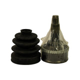 Front elevation of kit components: rubber CV boot at left showing four bellows ribs; grease-packed outer CV joint in plastic wrap at right, ABS tone ring clearly visible around base of housing