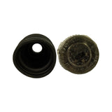 Top-down view of both main components: boot aperture showing inner lip seal detail; CV joint housing from above showing machined ABS ring teeth around perimeter with grease film visible through wrap
