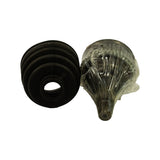 Underside view of components: boot showing large-diameter base flange and lip seal; CV joint inverted showing splined stub shaft and machined housing body through wrap