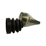 Side profile of assembled boot slid onto CV joint housing, showing boot seated at housing neck with clamp land visible and threaded stub shaft protruding from opposite end