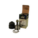 Part contents displayed beside open box: CV joint with stub shaft upright, rubber boot, and clamp ring arranged in front of the YAC carton