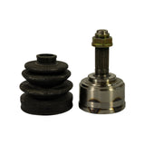 Side-by-side view of CV boot (left) and CV joint body (right); joint shows machined outer race, visible ball track windows on underside, and partial marking 'HA-03 408' engraved on the race periphery