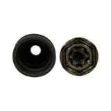 Top-down view of both components: boot interior showing multi-step cone bore, and CV joint viewed from socket end revealing six ball bearings, cage, and inner race with grease already applied