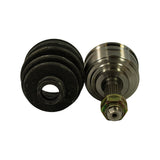 Alternate angle with boot inverted showing large-end lip seal face, and CV joint viewed from outer race side showing stepped profile and stub shaft with hexagonal nut and cotter pin hole