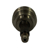 Top-down view of CV joint showing ball-race end (hub side). Six ball bearings visible within the cage and outer race. Central splined inner race bore clearly visible. Splined stub shaft and threaded tip protrude downward.