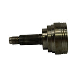 Side profile of CV joint in horizontal orientation. Full splined shaft length visible, transitioning to stepped housing. Three grooves machined into outer housing perimeter. Stub shaft thread at right end.