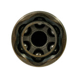 Direct face-on view of the open ball-race end of the CV joint housing. Six large balls seated in the outer race with cage visible. Inner splined hub bore prominent at centre. Minor surface oxidation visible on outer race face.
