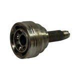 Three-quarter view angled toward the open ball-race face and shaft simultaneously. Cage and balls visible within housing. Splined shaft with threaded end extends to right. Stamping 'SB-051A1 RCV607A' readable on housing side.