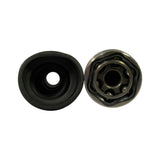 End-on view of two components: rubber boot on left showing internal profile, joint housing on right showing the six-ball Rzeppa internal cage and 30-tooth internal splined hub.
