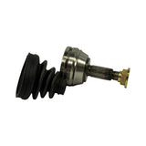 Profile view of the bare CV joint, polished steel housing with threaded stub axle and gold-zinc castellated hub nut fitted at the end of the splines. Rubber boot beside it for scale.