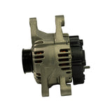 Left-profile view of the alternator showing the 6-groove black pulley, the twin lower mounting legs, stator windings through the ventilation slots, and the threaded B+ battery terminal stud protruding from the right (rear) side.