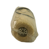 Top-end view of bagged filter element showing metal perforated end cap with multiple circular holes, typical of cartridge fuel sock design. Large O-ring visible draped over body.