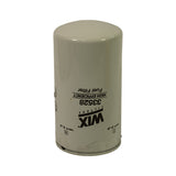 Filter body side view showing WIX logo, part number 33528, and 'HIGH EFFICIENCY Fuel Filter' text. Body is white/light grey painted steel, cylindrical. Text appears mirrored in photo due to camera angle.