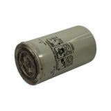 Filter body angled view showing the closed top dome and installation instructions on the reverse side. Bottom end with threaded base visible, showing age-related discolouration and residue around the sealing area.