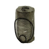 Filter element in plastic wrap, side profile view. Perforated metal outer shell visible with stamped marking 'WIX 33651 083E1G'. Large rubber gasket O-ring wrapped around body, smaller O-ring at base.