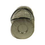 Bottom end cap view through plastic wrap. Stamped steel end cap with single central hole (inner diameter visible), scalloped outer edge crimping.