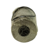 Top end cap view through plastic wrap. Closed (blind) end cap with smaller rubber grommet/plug visible at centre, scalloped crimp edge.